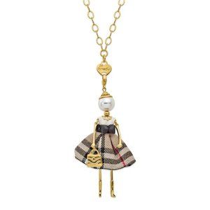Gold-tone Faux Pearl Plaid Doll Charm with Chain